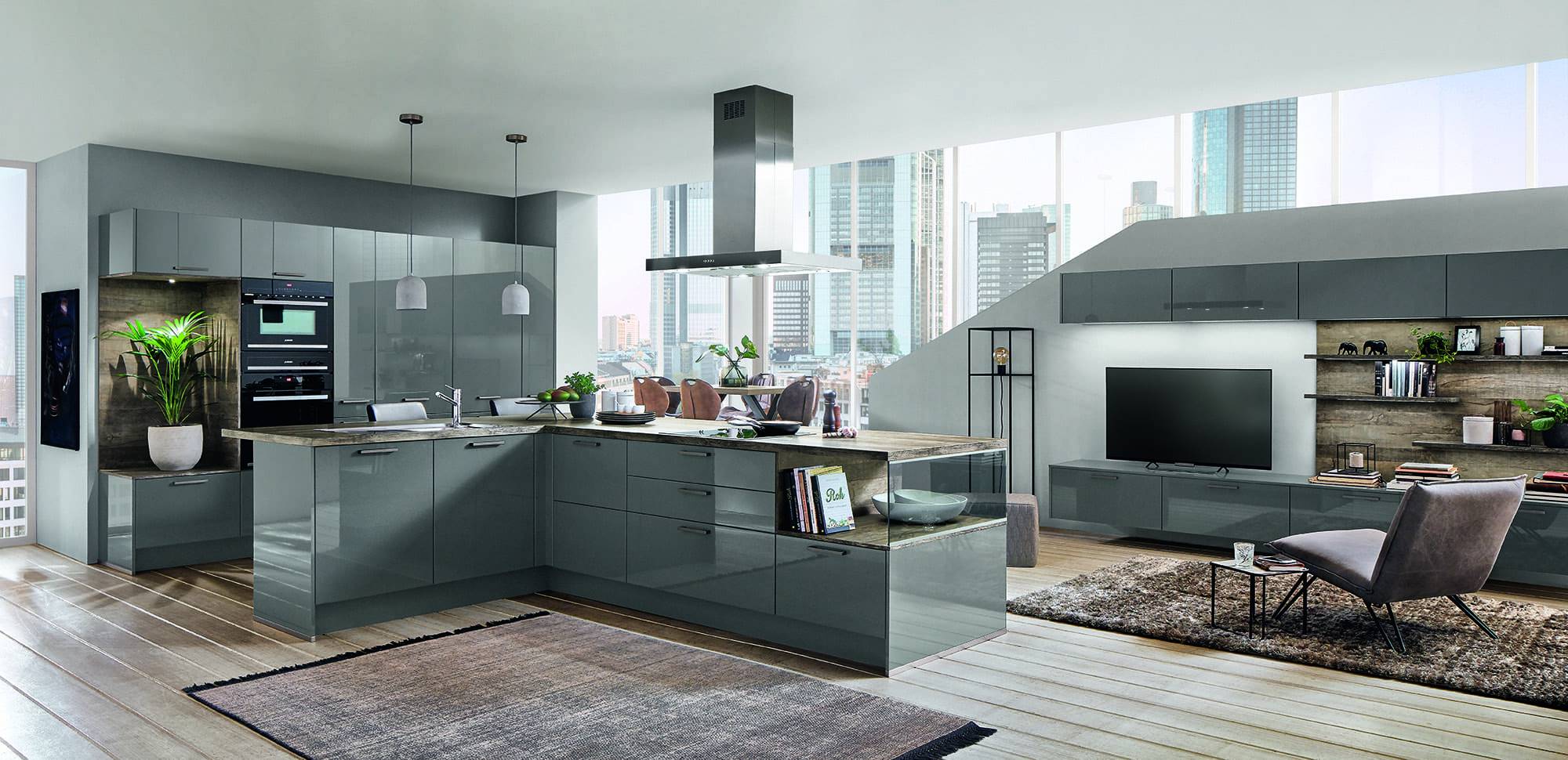 Nobilia Modern Grey Gloss Open Plan Kitchen With Island 2021 | Lead Wolf, Gotham