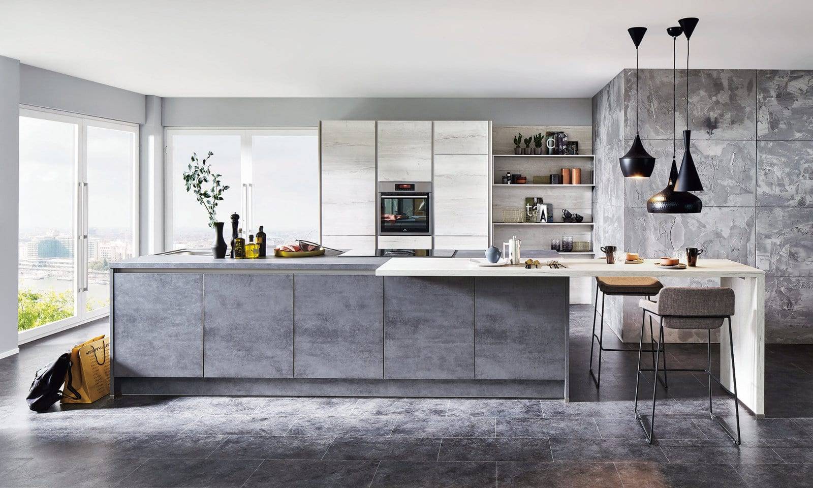 Nobilia Modern Concrete Open Plan Handeless Kitchen With Island 2021 1 | Lead Wolf, Gotham
