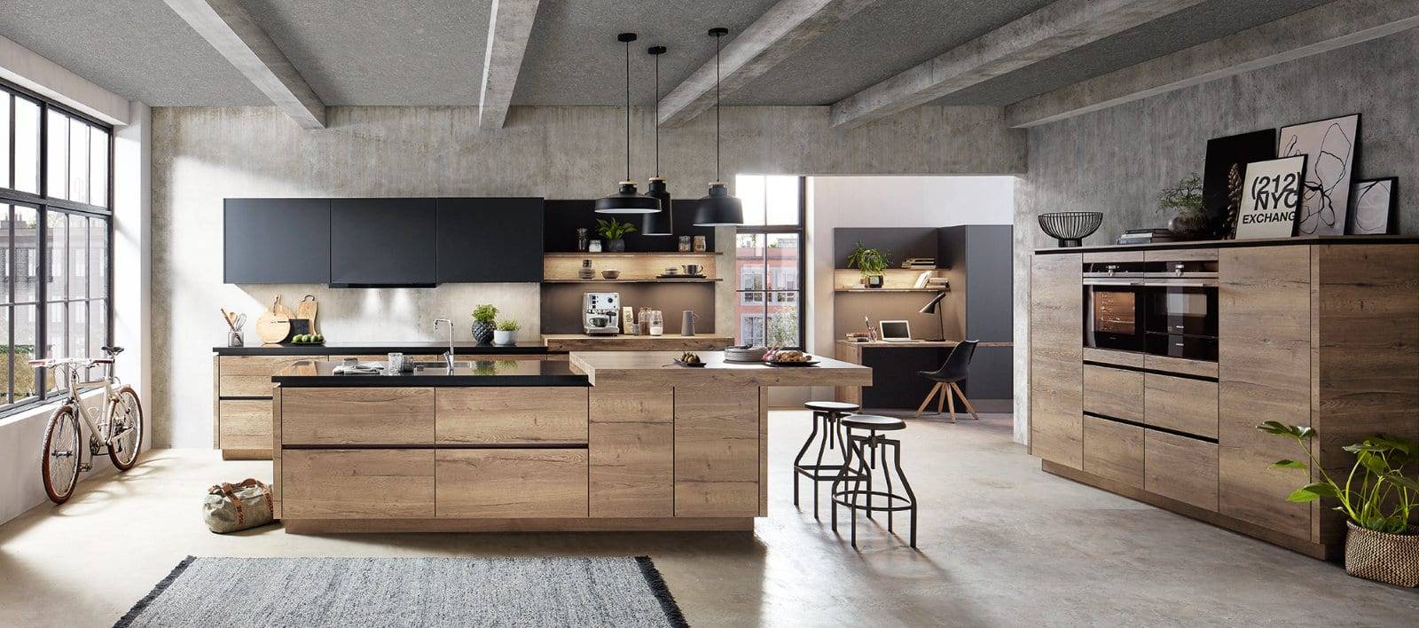 Nobilia Matt Black Wood Open Plan Handleless Kitchen With Island 2021 1 | Lead Wolf, Gotham